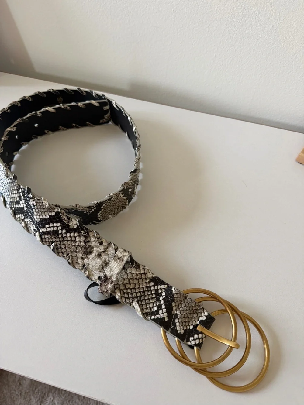 CAbi Snake-Print Belt with Triple Gold Rings - Black & Cream